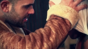 Men: Shaved Chest Against His Thighs